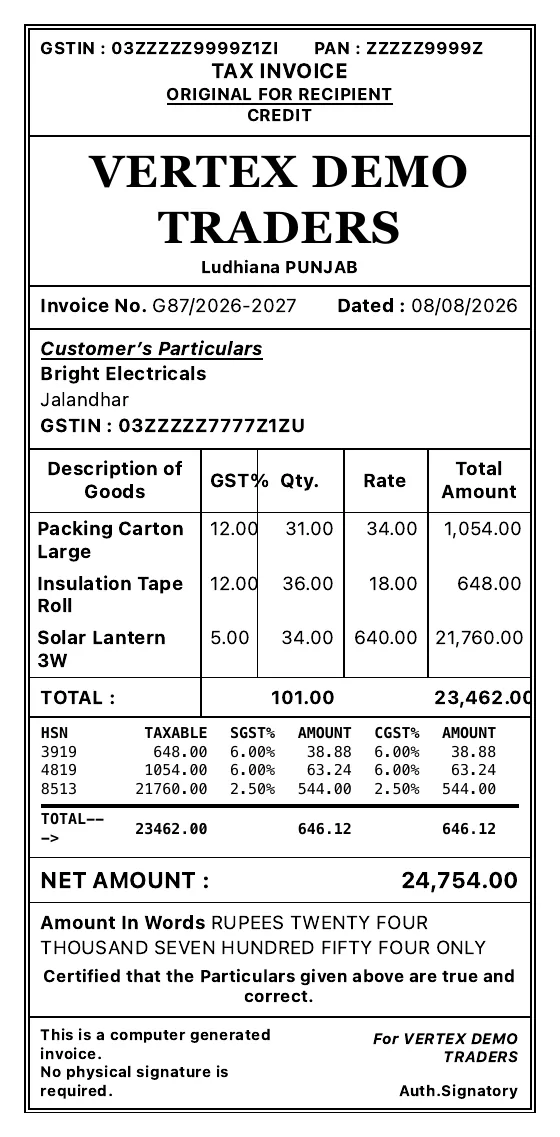 Style M: the same bill as an 80 mm thermal till receipt.