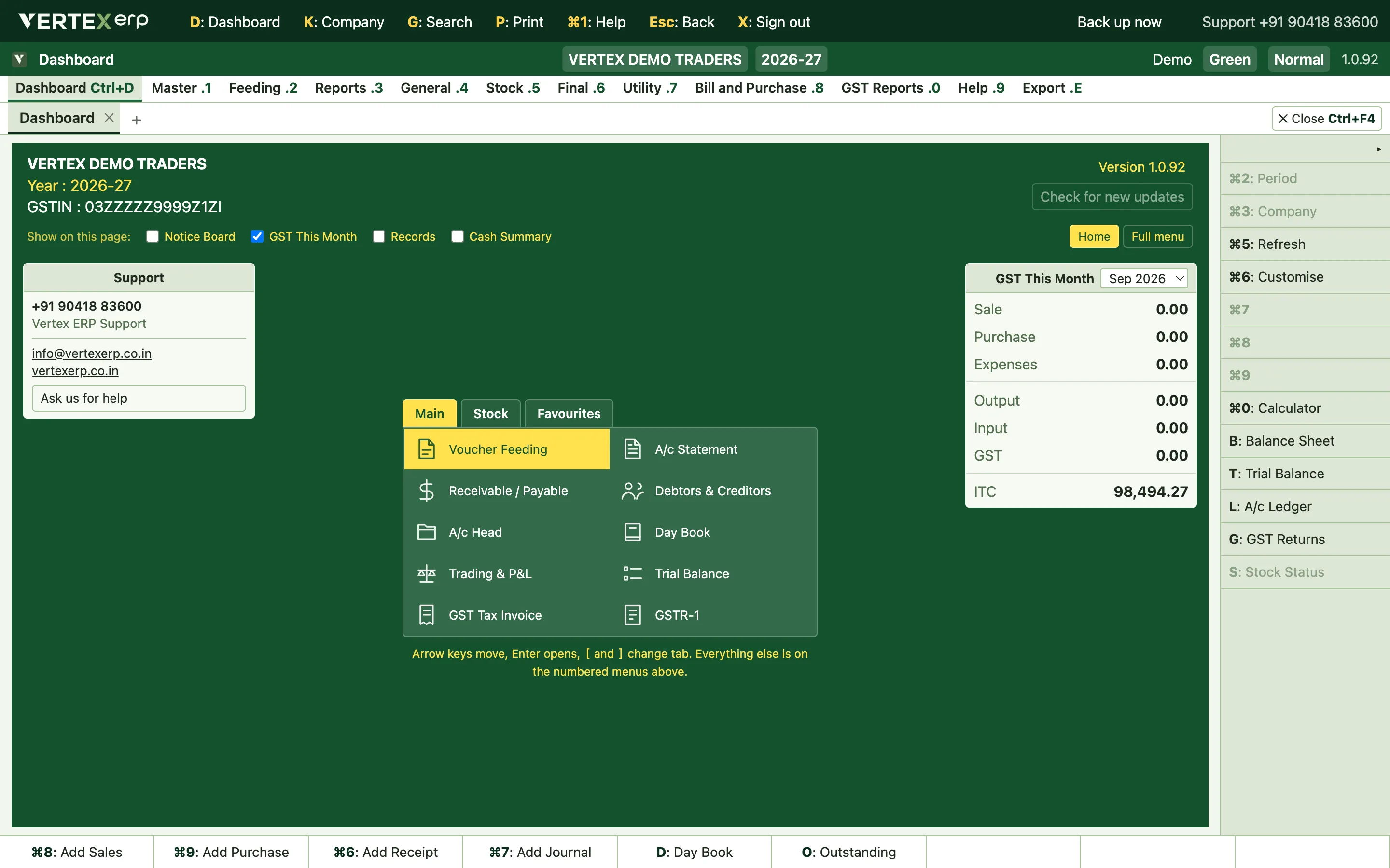 The Vertex ERP dashboard for the demo company VERTEX DEMO TRADERS, year 2026-27, showing its numbered menus and the notice board.