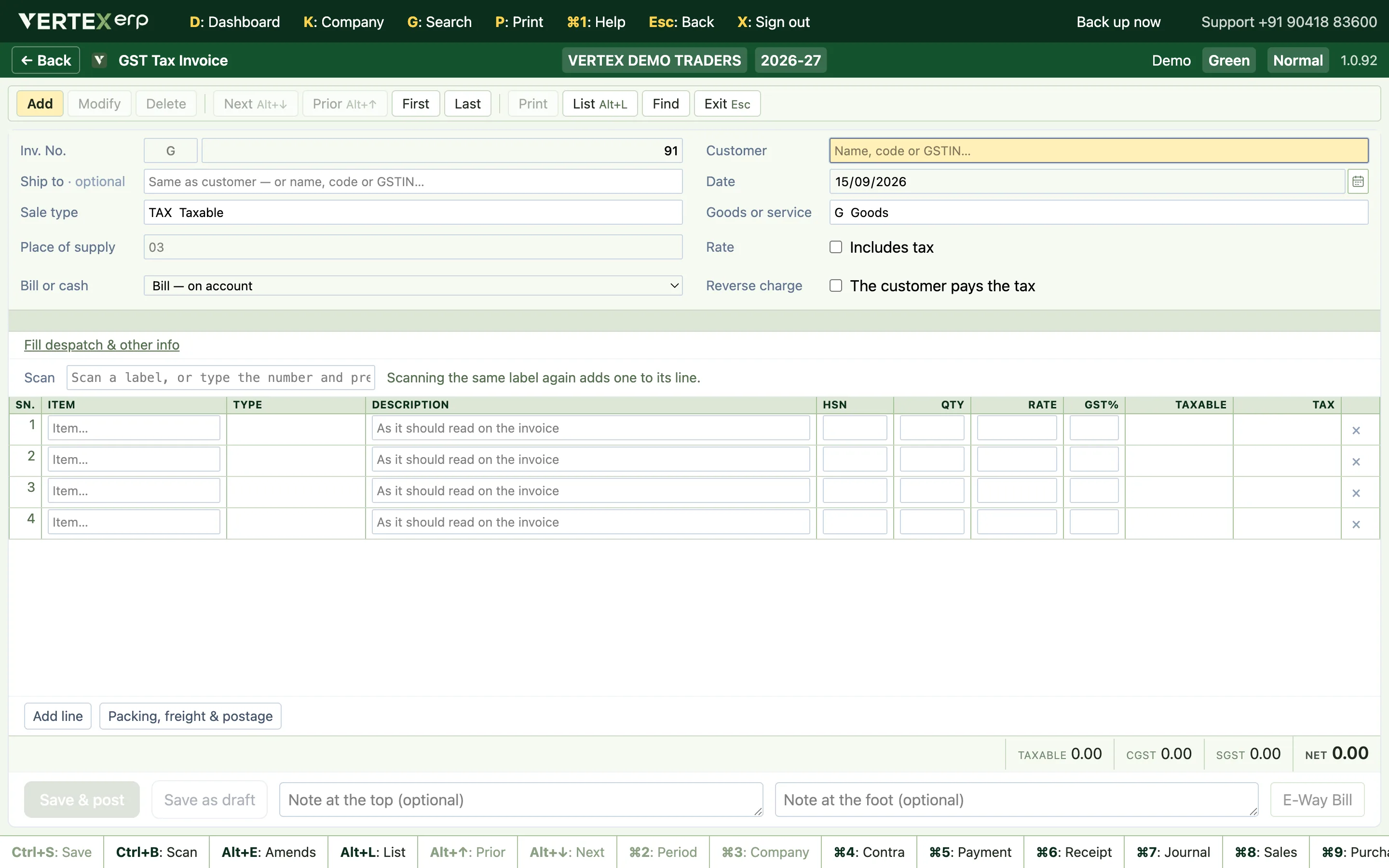 The GST Tax Invoice screen in Vertex ERP, ready for a new bill, with a scan box above the item grid.
