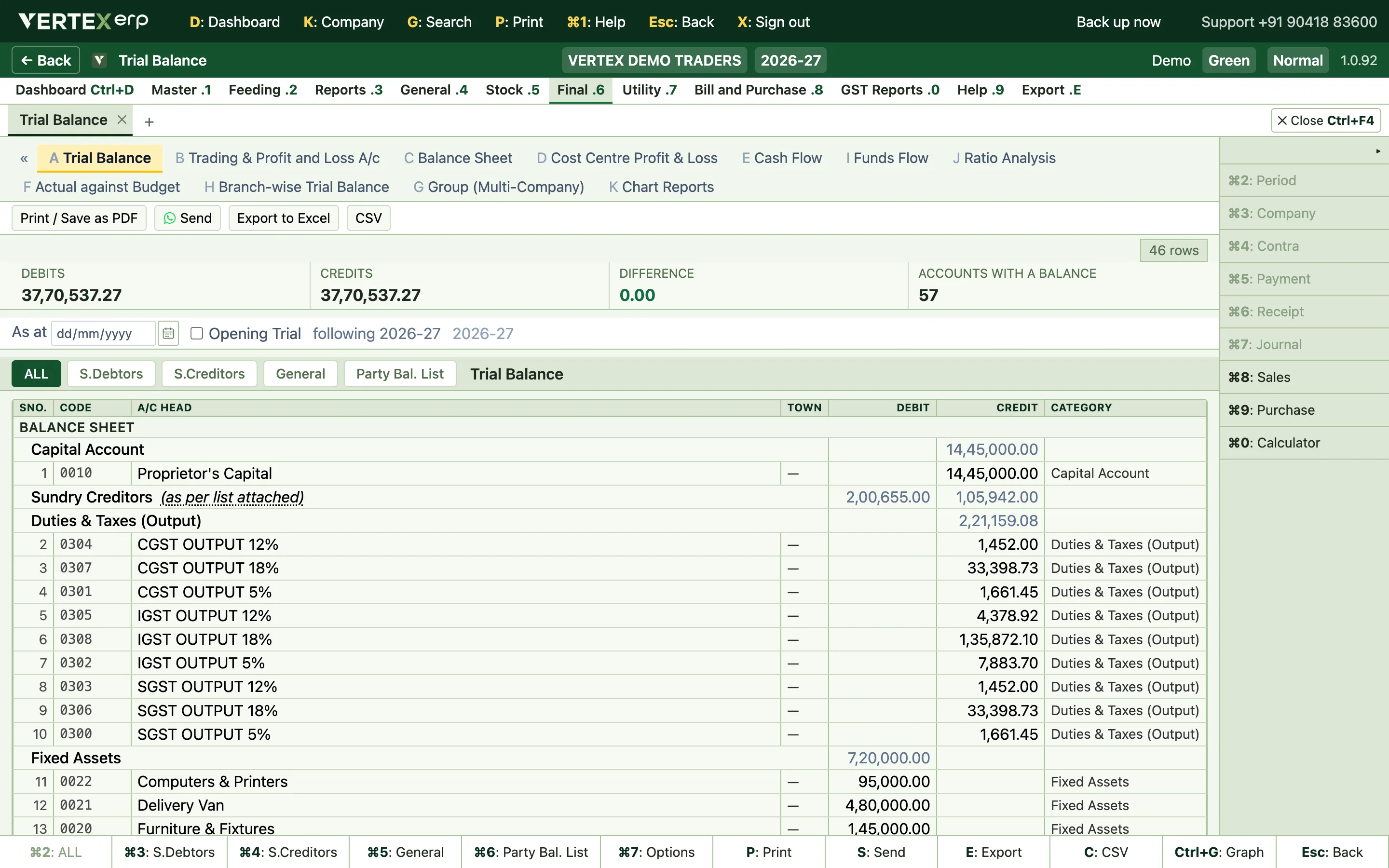 The Trial Balance in Vertex ERP: debits and credits 37,70,537.27, difference 0.00.