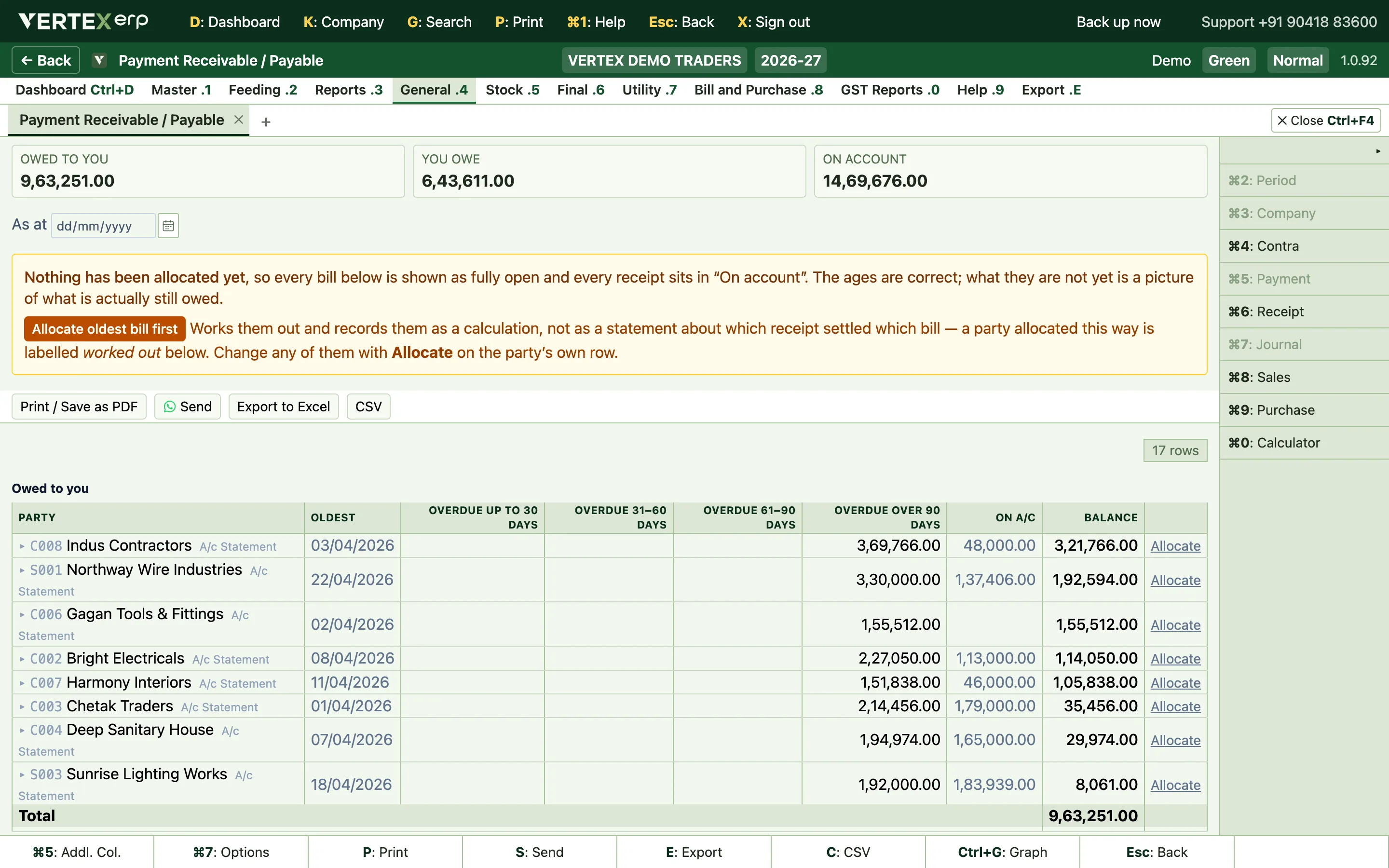 The outstanding report in Vertex ERP for the demo company, bill by bill.