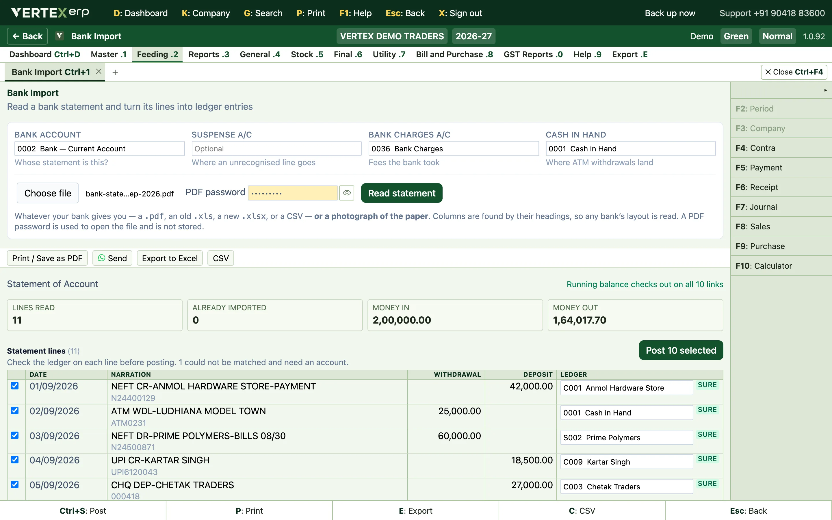 Bank Import in Vertex ERP reading the demo company's password-protected PDF statement: 11 lines, the running balance checked, a ledger proposed on each line.