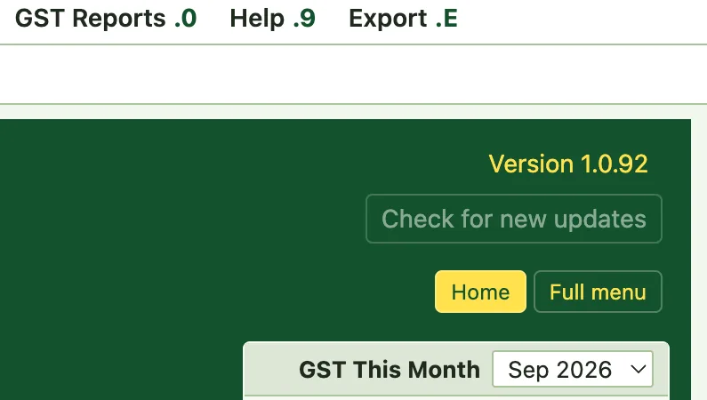 The top right of the Vertex ERP dashboard, showing the version number and the Check for new updates button.