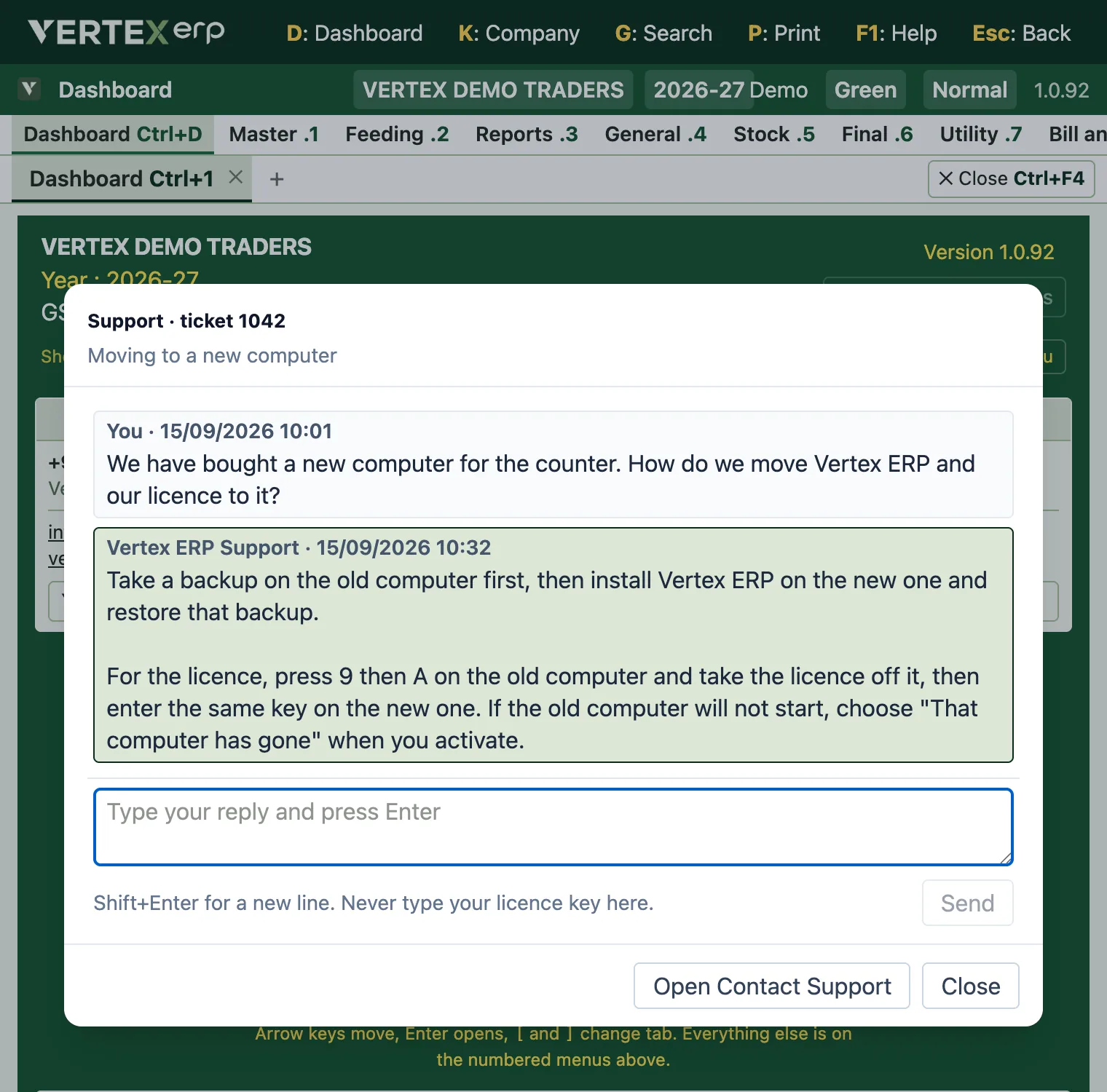 The support chat window open over the Vertex ERP dashboard.