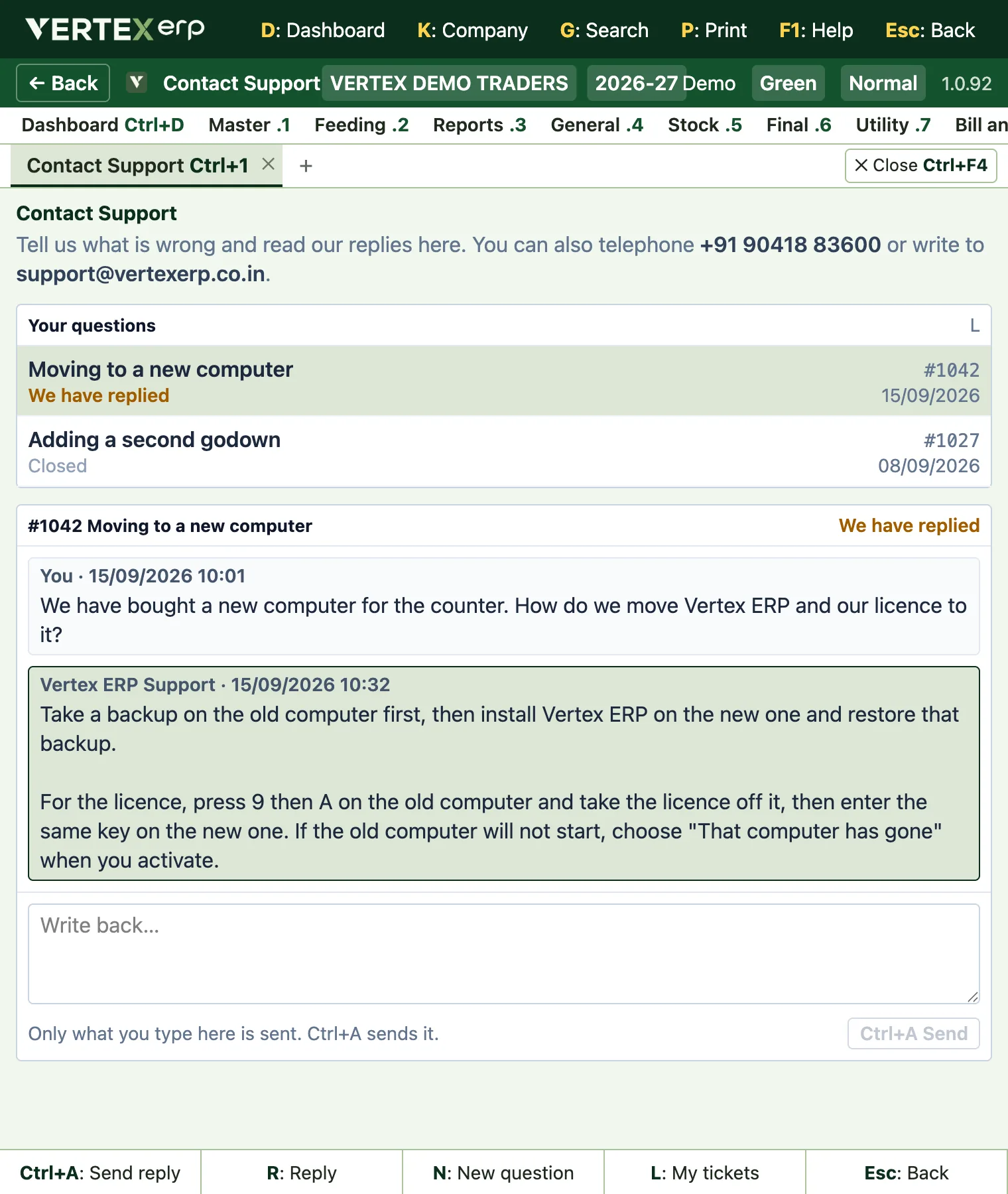 The Contact Support screen in Vertex ERP at half a screen's width: the customer's questions above, and a conversation with Vertex ERP Support below.